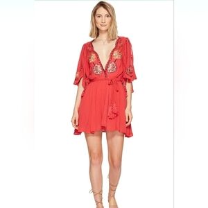 Free People Womens Cora Boho Embroidered Mini Dress Size Small Red Orange​